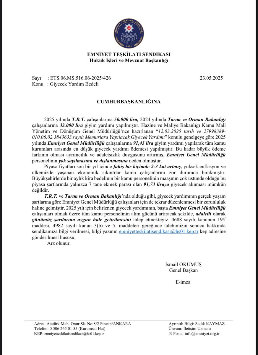 Giyim Yardımında Eşitlik Talebimizdir .

2025 yılı giyecek yardım bedeli olarak T.R.T. çalışanlarına 55.000 TL giyim yardımı yapılırken Emniyet Genel Müdürlüğünde ise bu meblağ yalnızca 91,43 TL gibi artık sembolik dahi sayılamayacak bir miktarda gerçekleşmiştir.  Diğer kamu
