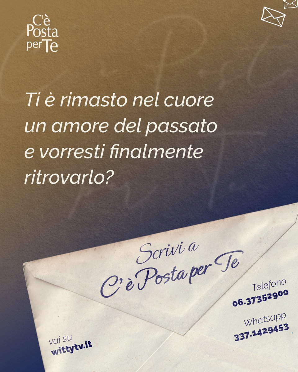 Ti è rimasto nel cuore un amore del passato e vorresti finalmente ritrovarlo?
Scrivi a #CePostaPerTe qui: wittytv.it/racconta-la-tu… 
📱 Whatsapp: 337.1429453 ☎️ Telefono: 06.37352900