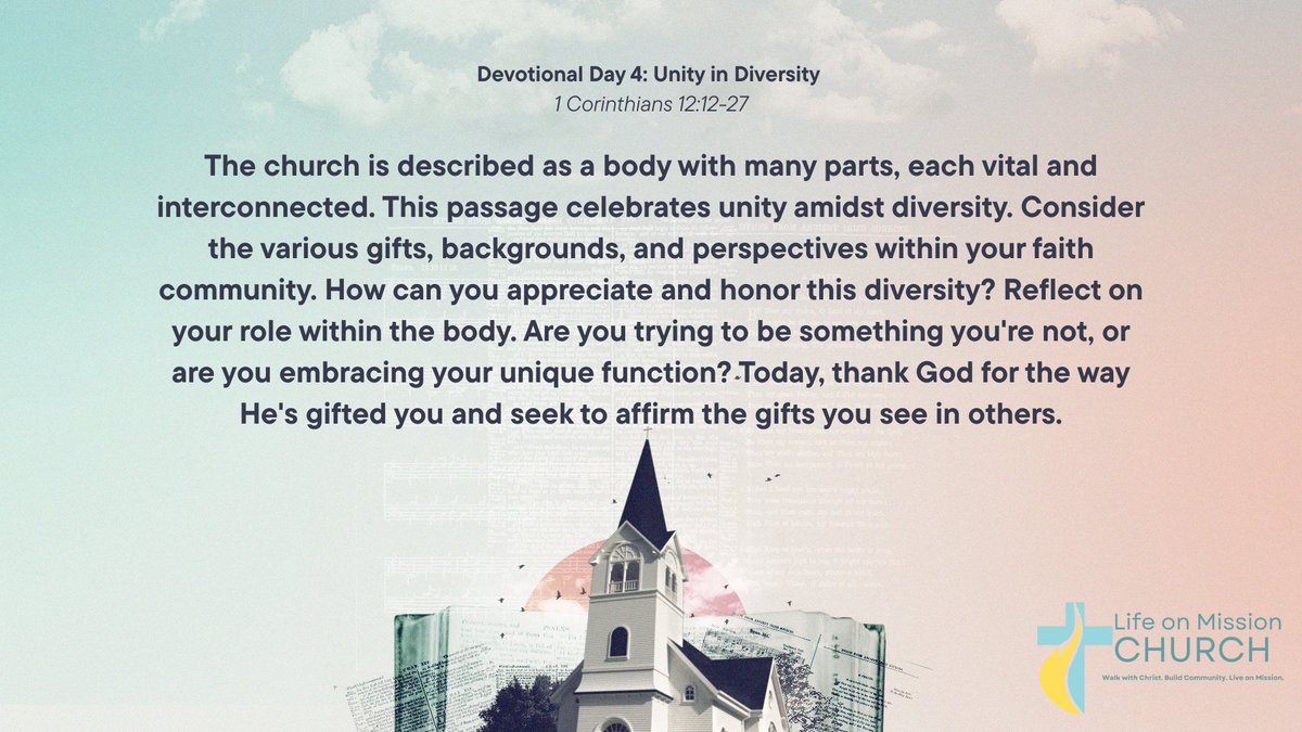 LOMChurch's tweet photo. Day 4: Unity in Diversity
One body. Many parts. All essential. (1 Corinthians 12:12–27)
Don’t downplay your role—or someone else’s. The church needs you.
#Devotional #BodyOfChrist #UnityInDiversity #LifeOnMission https://t.co/r9mikWAMhH