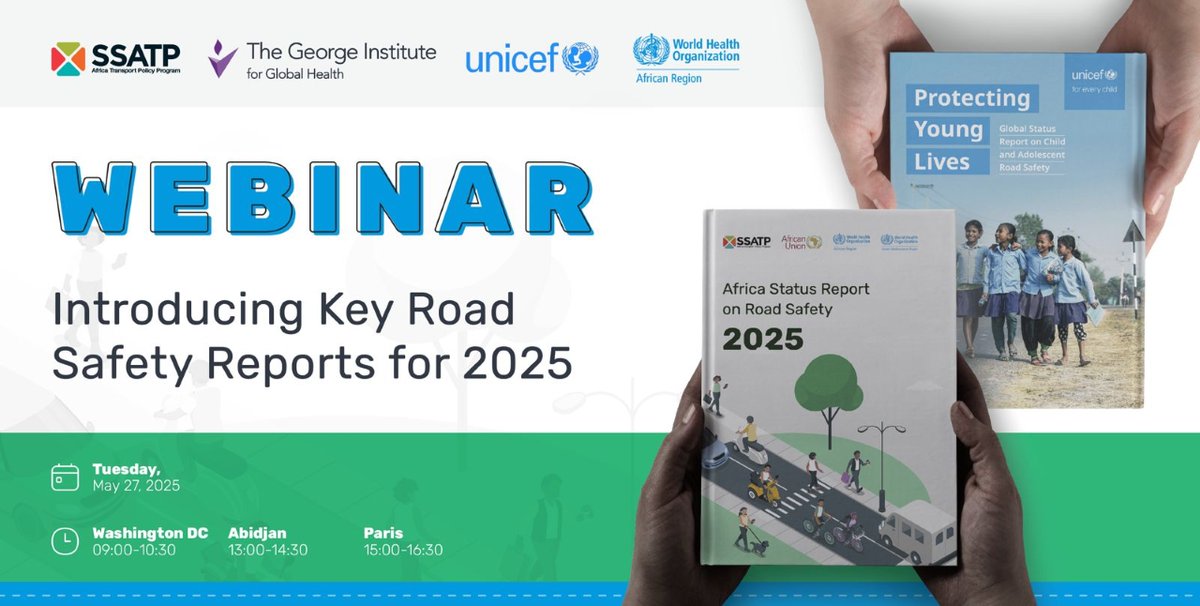 UNICEF Health (@unicefhealth) on Twitter photo Happening tomorrow!
Join <a href="/UNICEF/">UNICEF</a>, <a href="/WHOAFRO/">WHO African Region</a>, <a href="/georgeinstitute/">The George Institute for Global Health</a>, and Africa Transport Policy Program for an insightful webinar on the challenges and opportunities in improving #RoadSafety for young people.
🗓️Tuesday, May 27
🕑09:00–10:30 AM EST
đź”—Register here: Happening tomorrow!
Join <a href="/UNICEF/">UNICEF</a>, <a href="/WHOAFRO/">WHO African Region</a>, <a href="/georgeinstitute/">The George Institute for Global Health</a>, and Africa Transport Policy Program for an insightful webinar on the challenges and opportunities in improving #RoadSafety for young people.
🗓️Tuesday, May 27
🕑09:00–10:30 AM EST
đź”—Register here: