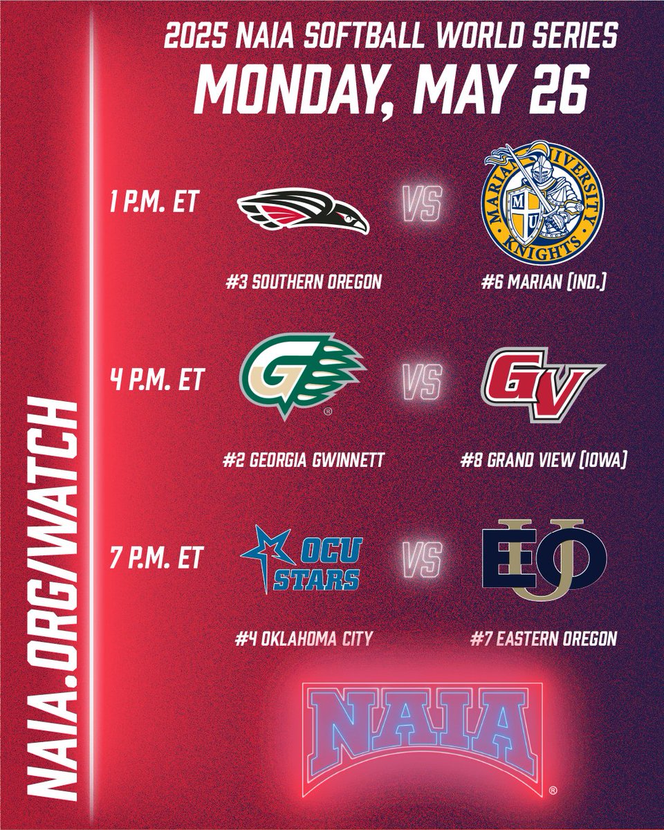 EVERY GAME MATTERS. 

The 2025 NAIA Softball World Series continues. 

Watch it live at NAIA.org/watch 

#BattleForTheRedBanner #NAIASoftball