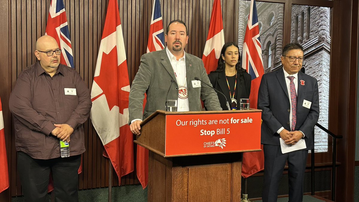 Mike Crawley (@cbcqueenspark) on Twitter photo Chief Abram Benedict of <a href="/ChiefsofOntario/">Chiefs of Ontario</a> speaking against #Bill5, with a sign saying “Our rights are not for sale,” a clear echo of Premier Doug Ford’s “Canada is not for sale” slogan. #onpoli Chief Abram Benedict of <a href="/ChiefsofOntario/">Chiefs of Ontario</a> speaking against #Bill5, with a sign saying “Our rights are not for sale,” a clear echo of Premier Doug Ford’s “Canada is not for sale” slogan. #onpoli