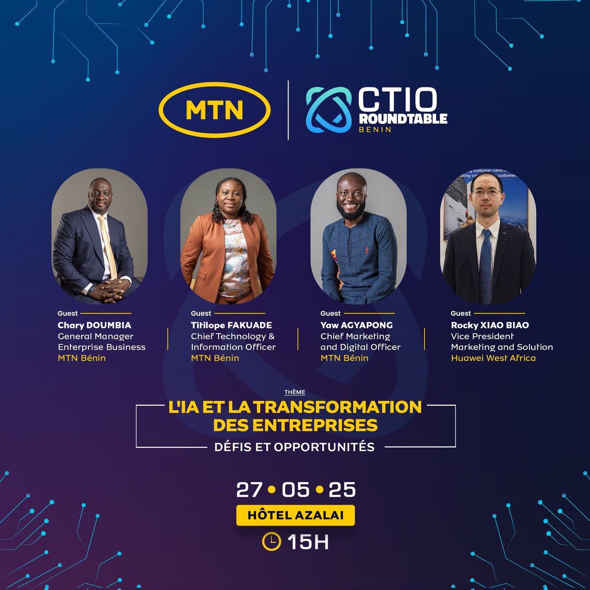 Participez à l’un des temps forts du Sommet de la Technologie 2025 : le CTIO Roundtable.
Un espace de dialogue stratégique où se construisent les visions et s’élaborent les solutions de demain.

Thème : « L’intelligence artificielle et la transformation des entreprises – Défis et