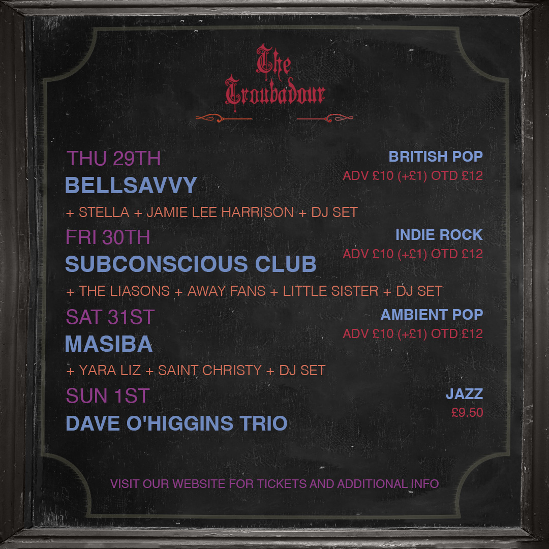 This week's lineup of independent artists 🎶

Visit troubadourlondon.com/ticketed-events for more info and cheaper tickets! 🎫

Open until 2 AM from Thursday to Saturday 🕺

#earlscourt #londonnights #supportindependentmusic #livemusic #londonbylondoners #londongigs