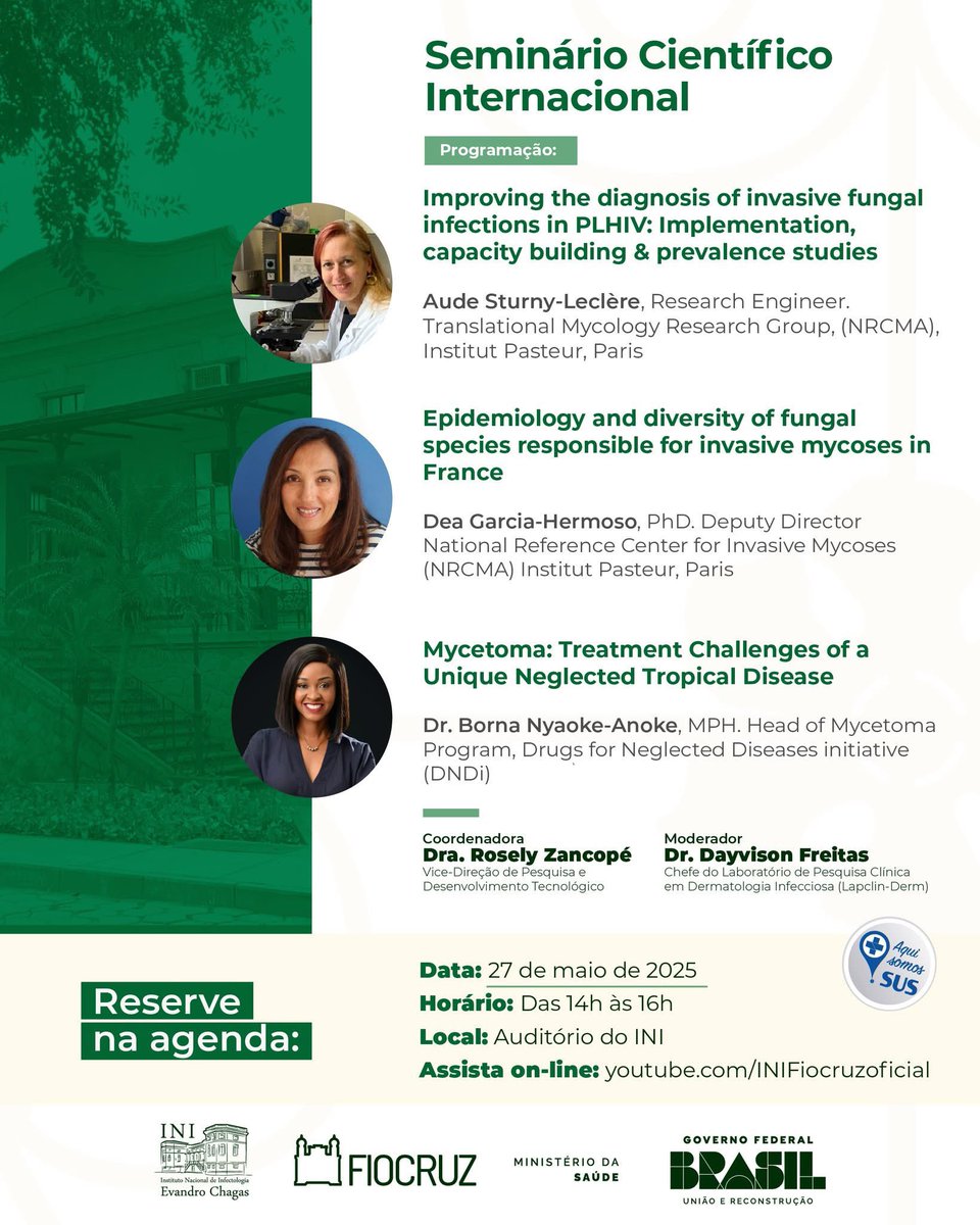 Dr. Borna Nyaoke-Anoke (@bornanyaoke) on Twitter photo Looking forward to participate in the <a href="/inifiocruz/">INI/Fiocruz</a> International Scientific Seminar with the theme "Medical Mycology" on May 27th, from 2pm (Brazil time)
For more information, visit their website ini.fiocruz.br
#Fiocruz #INIFIOCRUZ #mycetoma #mycology <a href="/DNDi/">Drugs for Neglected Diseases initiative</a> Looking forward to participate in the <a href="/inifiocruz/">INI/Fiocruz</a> International Scientific Seminar with the theme "Medical Mycology" on May 27th, from 2pm (Brazil time)
For more information, visit their website ini.fiocruz.br
#Fiocruz #INIFIOCRUZ #mycetoma #mycology <a href="/DNDi/">Drugs for Neglected Diseases initiative</a>