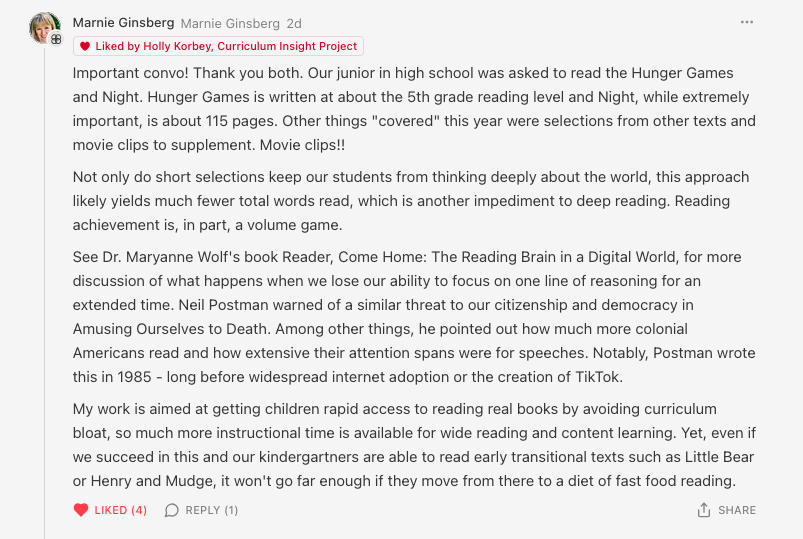 "Our junior in HS was asked to read the Hunger Games and Night. Hunger Games is written at about the 5th grade reading level and Night, while extremely important, is about 115 pages. 

Other things "covered" this year were selections from other texts and movie clips to