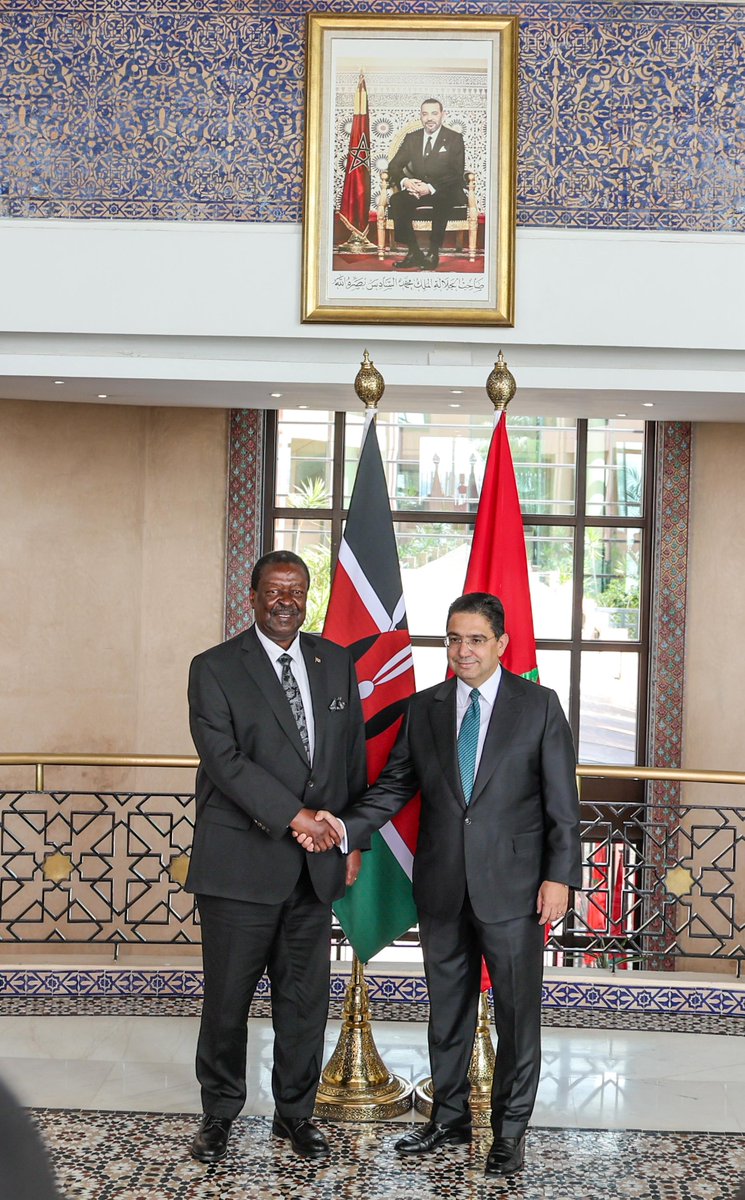 MusaliaMudavadi's tweet photo. Held productive bilateral talks with H.E. Nasser Bourita, Morocco’s Minister of Foreign Affairs, where I championed greater Moroccan imports of Kenyan tea, coffee, and fresh produce to help balance our trade.

I also advocated for an increase in scholarships for Kenyan students in Morocco, currently capped at 20, and proposed the recruitment of Kenyan teachers to support the growing demand for English language instruction in the Kingdom.

During the visit, Kenya and Morocco signed five key MoUs covering Housing and Development, Trade, Youth Affairs, Foreign Service training, and institutional collaboration between the Kenya School of Government and Morocco’s National Higher School of Administration.

We now look forward to translating these agreements into action for the shared prosperity of both nations.