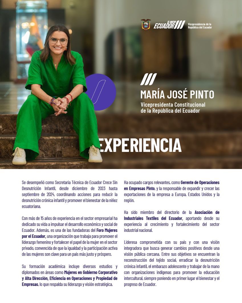 Vicepresidencia (@vice_ec) on Twitter photo Conoce el perfil de María José Pinto <a href="/mjpintoec/">María José Pinto 🇪🇨 Ecuador</a>, Vicepresidenta Constitucional de la República del Ecuador. 🇪🇨 Conoce el perfil de María José Pinto <a href="/mjpintoec/">María José Pinto 🇪🇨 Ecuador</a>, Vicepresidenta Constitucional de la República del Ecuador. 🇪🇨