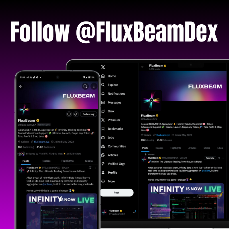 Want to keep up with everything FluxBot and more?

Updates, new features, tips, and? It’s all over at @FluxbeamDEX. 

Go follow and stay in the loop.