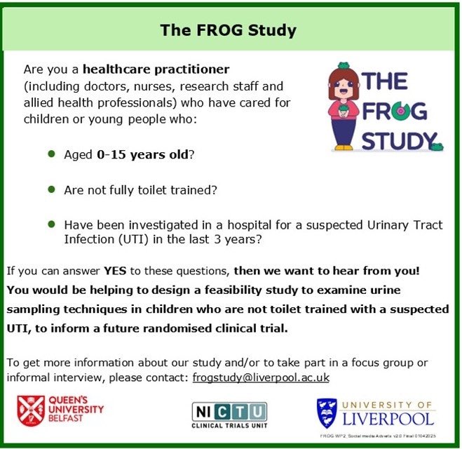 Are you a healthcare practitioner who works in ED/inpatients/outpatients caring for children aged 0-15 years who have required TUBC, SPA, or CCU testing for a suspected UTI in the last three years?  Please email frogstudy@liverpool.ac.uk to take part  <a href="/PERUKItweep/">PERUKI</a> pls RT