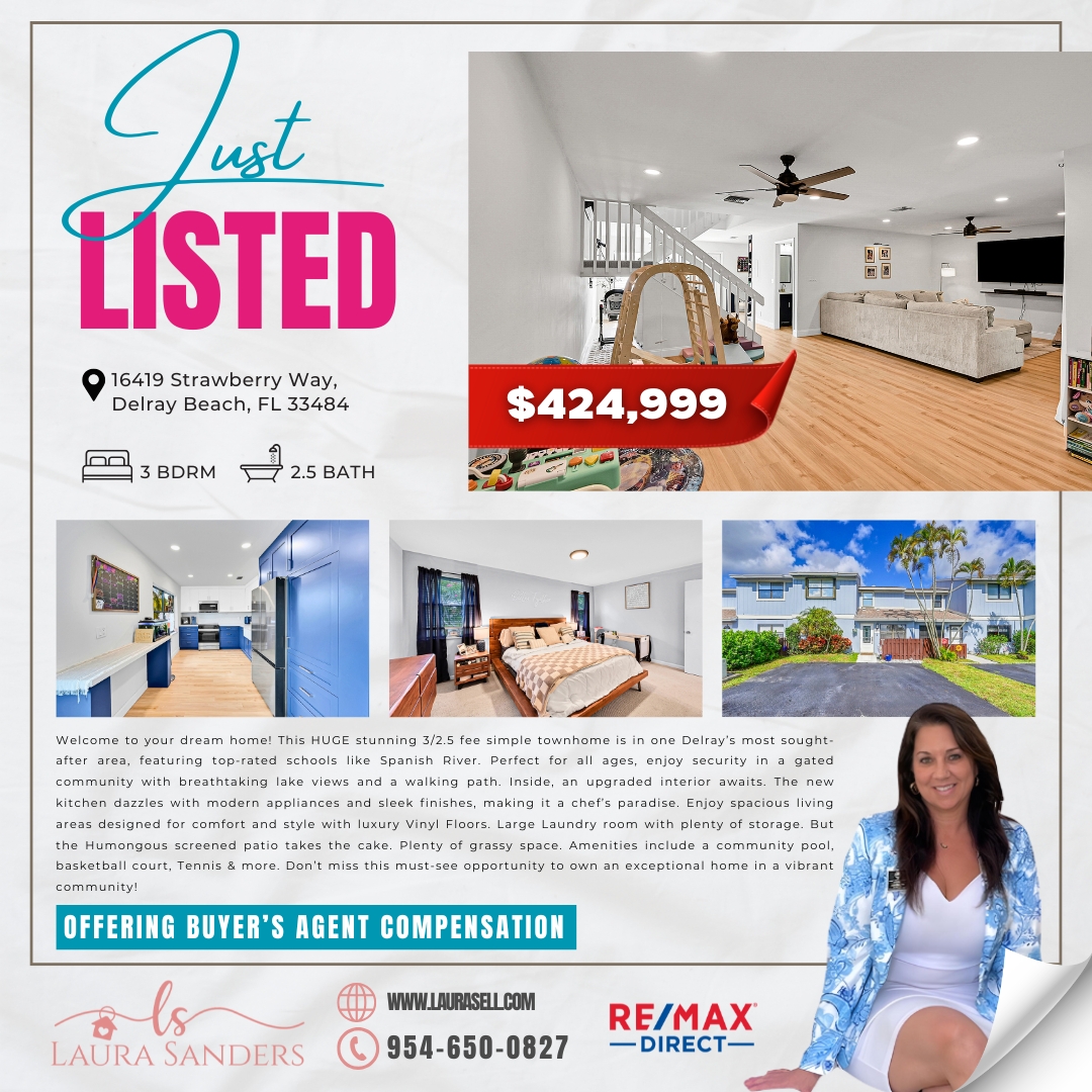laurasellsflcom's tweet photo. ๐ JUST LISTED in Delray Beach! ๐
๐ 16419 Strawberry Way | $424,999
๐ก 3 Beds | 2.5 Baths | Fee Simple Townhome
๐ Call Laura Sanders at (954) 650-0827 to schedule your private showing today.
#JustListed #DelrayBeachRealEstate #TownhomeLiving #LakeViewHome #GatedCommunity https://t.co/29hw7QECee