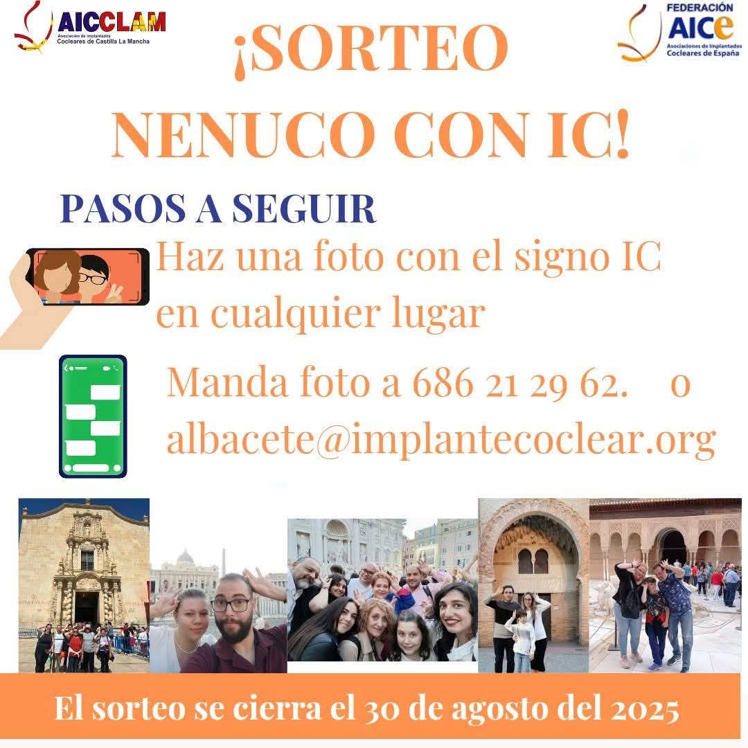 AICCLAM (@aicclam) on Twitter photo ¡Nuevo sorteo de Nenuco con Implante Coclear! 🐌👶🏻
Pasos:
- Hazte una foto tuya con quién quieras en un sitio fuera de casa HACIENDO EL SIGNO (piscina, parque, playa, ciudad de vacaciones...) 📸👌🏻
- Envía la foto al WhatsApp 686 21 29 62 o correo albacete@implantecoclear.org 📲 ¡Nuevo sorteo de Nenuco con Implante Coclear! 🐌👶🏻
Pasos:
- Hazte una foto tuya con quién quieras en un sitio fuera de casa HACIENDO EL SIGNO (piscina, parque, playa, ciudad de vacaciones...) 📸👌🏻
- Envía la foto al WhatsApp 686 21 29 62 o correo albacete@implantecoclear.org 📲