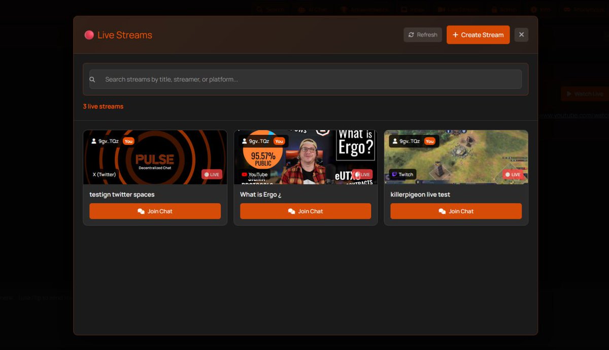 Live streaming aggregator added to #Pulse 

What does this mean? 
U can stream on YouTube or twitch and creat your embeded onchain chatroom for it with tips etc 

Use it as media portal, videos , music...

Check it on

Ergochats.vercel.app 

#ErGo