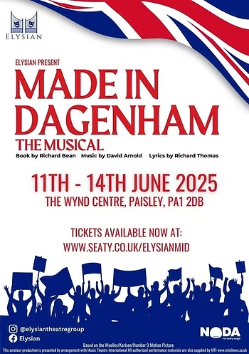GLAPatterNews's tweet photo. Exciting news! 'Made in Dagenham – The Musical' is coming to The Wynd Centre, Paisley from June 11-14. Based on the inspiring true story, this is a theatrical experience you won't want to miss! Get your tickets now: https://t.co/3QpzR90qyR #madeindagenham #paisleyevents #elysian https://t.co/bx47mFkQgj