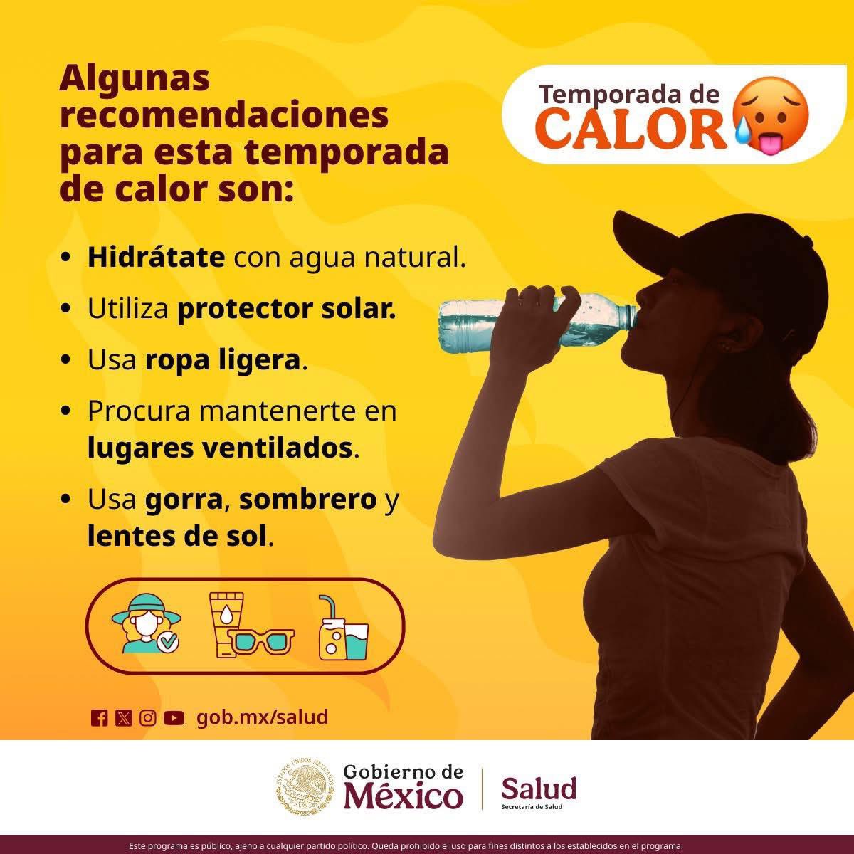 ☀ Durante la temporada de calor, se incrementan los riesgos a la salud como la deshidratación y los golpes de calor. 🥵

¡Sigue estas recomendaciones que te ayudarán a proteger tu salud de las altas temperaturas! 👇🏼