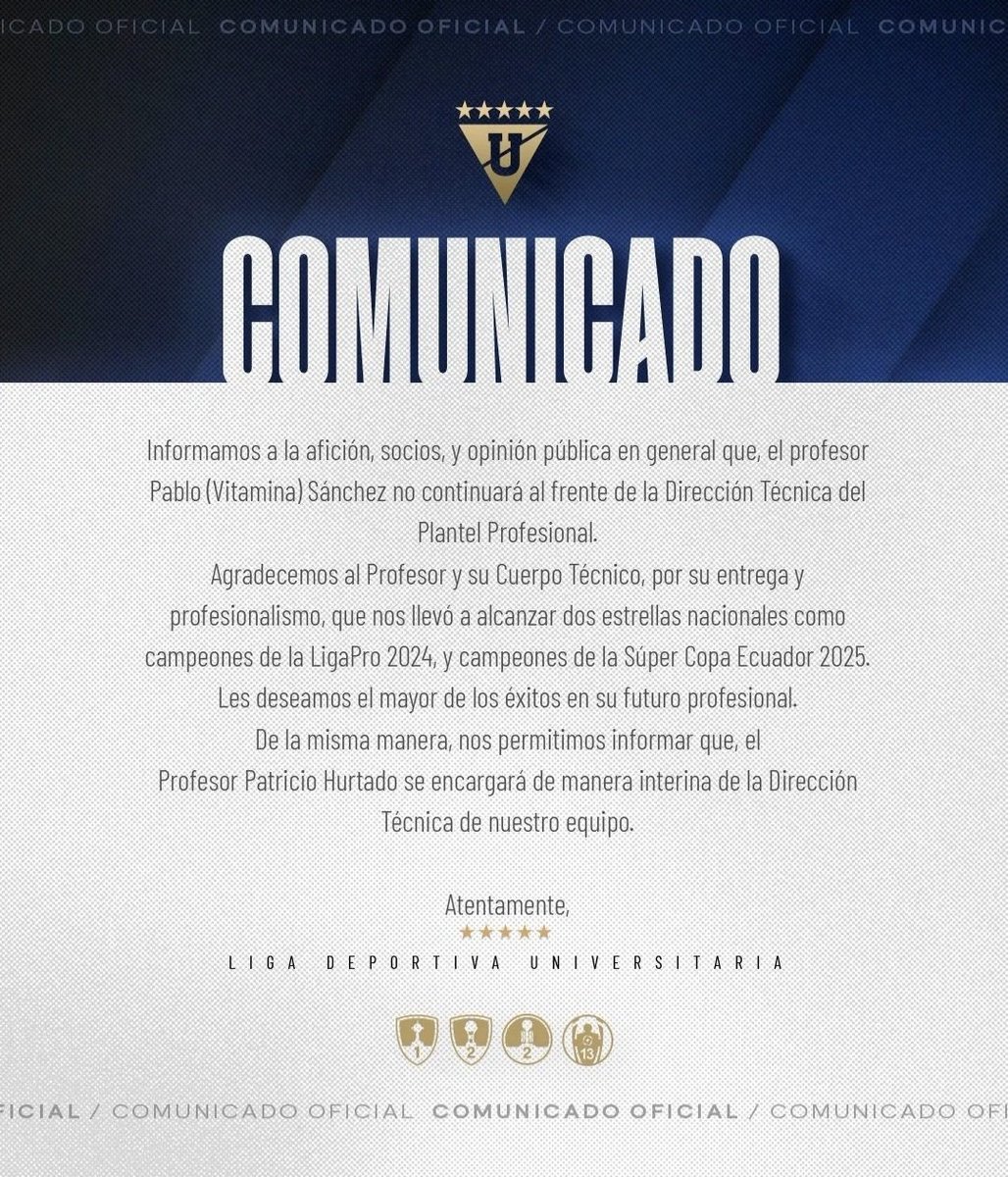 FutbolTotalEcua's tweet photo. 🚨𝐎𝐅𝐈𝐂𝐈𝐀𝐋 | Pablo "vitamina" Sánchez deja de ser DT de Liga Deportiva Universitaria.

Mediante un comunicado oficial el equipo albo dio a conocer que el director técnico Pablo Sánchez no continuará al mando de LDU.⚪️⚪️⚪️

#ldu #oficial https://t.co/b86NBCnxL0