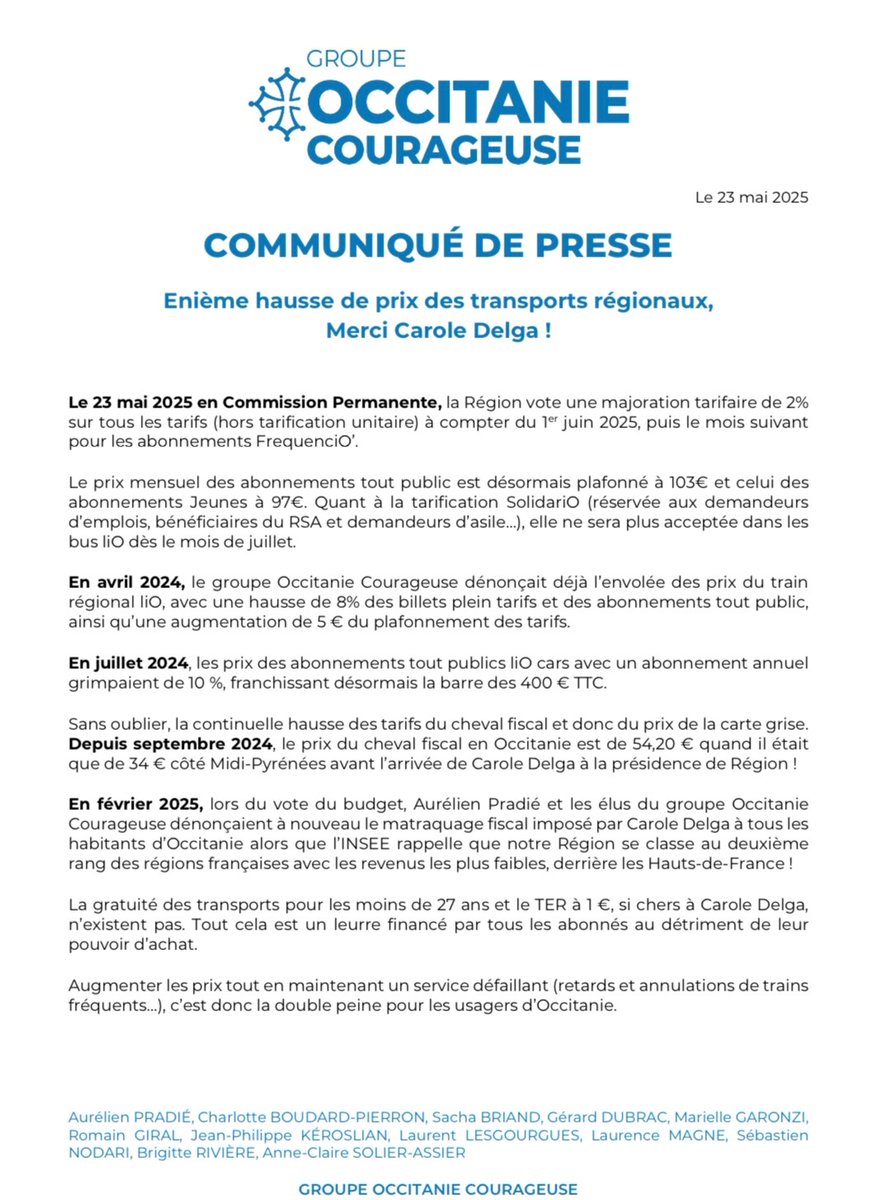 OccCourageuse's tweet image. [#PRESSE] &quot;Enième hausse de prix des transports régionaux, merci Carole Delga !&quot;
Communiqué du groupe d&apos;opposition de la droite et du centre @OccCourageuse, présidé par @AurelienPradie , suite au vote vendredi d&apos;une nouvelle augmentation des tarifs sur les #trains régionaux liO💸