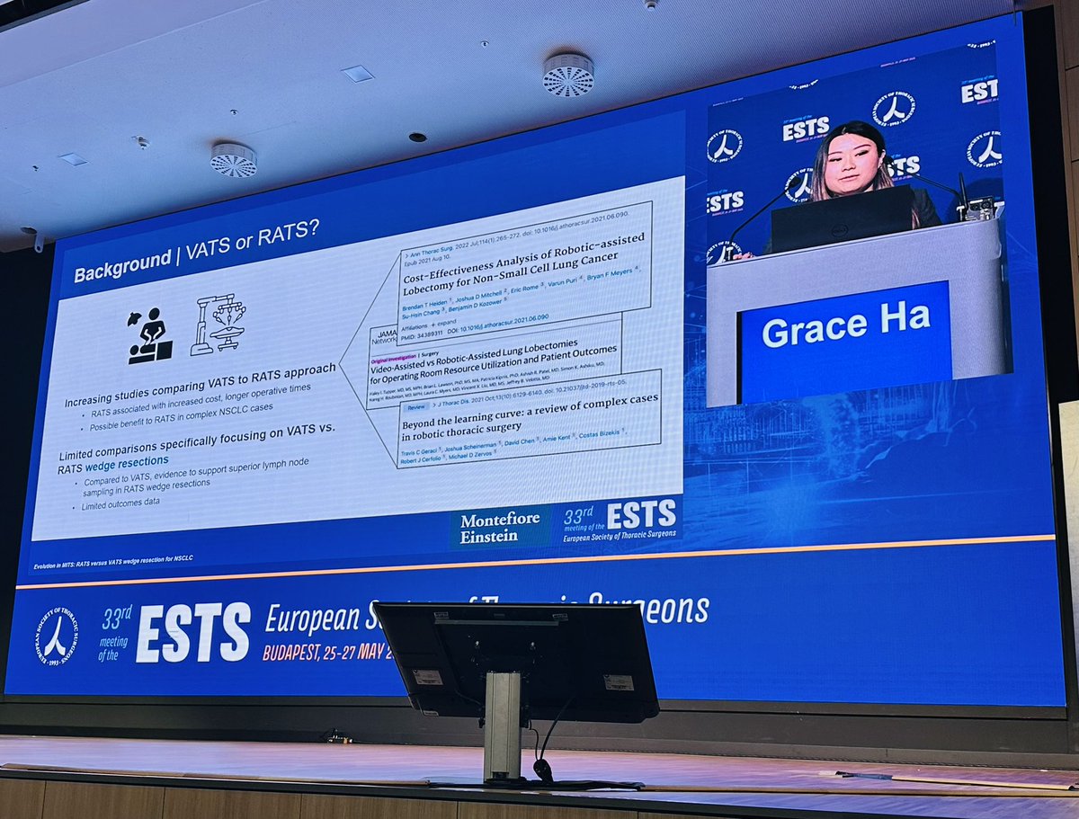 <a href="/GraceHaMD/">Grace Ha Mittler, MD</a> gave an outstanding talk at #ESTS2025 on whether there exist advantages of robotic surgery over VATS for wedge resection.  Do we need RATS for a "simple" operation?  

NCDB data shows some advantages but need to evaluate cost, OR times, outcomes &amp; PROs. <a href="/thoracic/">ESTS</a>