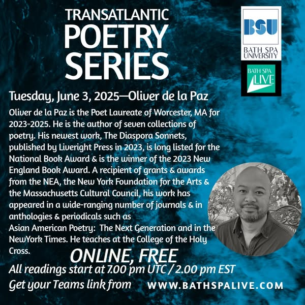 The seventh reading of the Transatlantic Poetry Series is the wonderful Oliver de la Paz <a href="/Oliver_delaPaz/">Oliver de la Paz</a> The link’s below. It's going to be another terrific evening of poetry.

ticketsource.co.uk/bathspalive/t-…