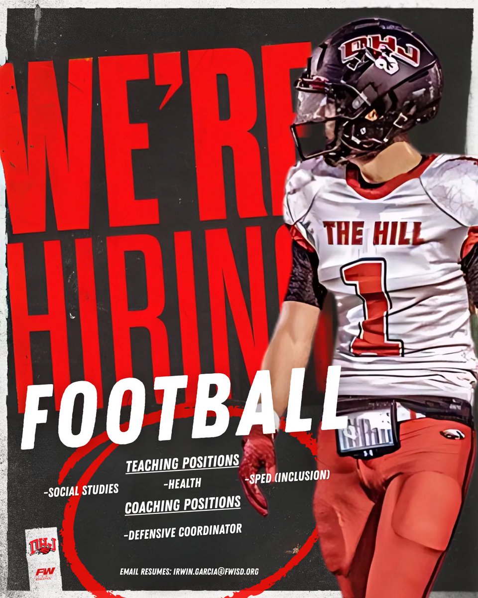 Irwin Garcia, M.Ed. (@dhj_coachg) on Twitter photo We’re hiring at <a href="/DHJ_Football/">Diamond Hill-Jarvis Football</a>!!!
Hard working kids, supportive community, great administration.
Defensive Coordinator $9k + Possible second sport 4-6k.
Email Resumes to: Irwin.Garcia@FWISD.org
#GoEagles🦅
<a href="/Matt_Stepp817/">Matt Stepp</a> <a href="/Gosset41/">Brian Gosset</a> <a href="/swaggarly/">Charles Baggarly</a> We’re hiring at <a href="/DHJ_Football/">Diamond Hill-Jarvis Football</a>!!!
Hard working kids, supportive community, great administration.
Defensive Coordinator $9k + Possible second sport 4-6k.
Email Resumes to: Irwin.Garcia@FWISD.org
#GoEagles🦅
<a href="/Matt_Stepp817/">Matt Stepp</a> <a href="/Gosset41/">Brian Gosset</a> <a href="/swaggarly/">Charles Baggarly</a>