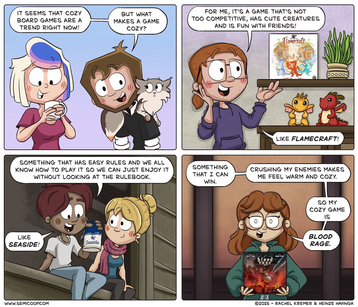 semicoop's tweet image. New comic! Cozy board games: cute art, nature, warm drinks... and the sweet sound of crushing your enemies beneath a pile of plastic minis. 😉
👇 Drop your favorite cozy game in the comments!
You can read this week's blog post at
semicoop.com/comic/cozy-car…