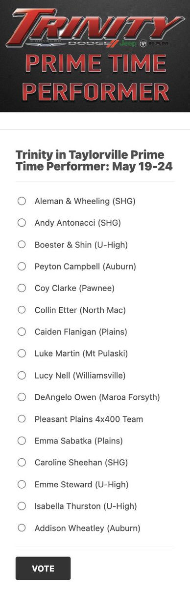 Channel1450com's tweet photo. The postseason brings out some of the best performances of the year which means a packed Trinity in Taylorville's Prime Time Performer!

You can vote for the best performance of the week every 12 hours on the site until Friday at 5pm -
https://t.co/P1zhXVMF14 https://t.co/BY3hDzTSFj