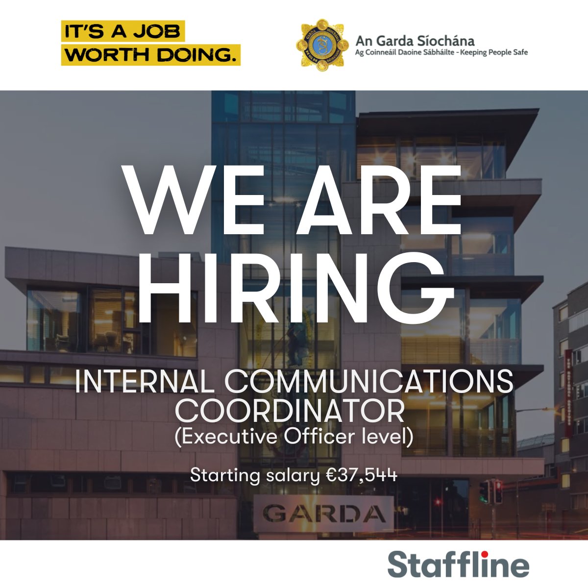 Garda Info (@gardainfo) on Twitter photo We're hiring: Internal Communications Coordinator (EO level) for <a href="/gardainfo/">Garda Info</a>
Starting salary: €37,544. Based in Phoenix Park, Dublin 8.
Closing Date: 3:00 PM, Monday 16th June 2025
Apply via - shorturl.at/932gh
#ItsAJobWorthDoing We're hiring: Internal Communications Coordinator (EO level) for <a href="/gardainfo/">Garda Info</a>
Starting salary: €37,544. Based in Phoenix Park, Dublin 8.
Closing Date: 3:00 PM, Monday 16th June 2025
Apply via - shorturl.at/932gh
#ItsAJobWorthDoing