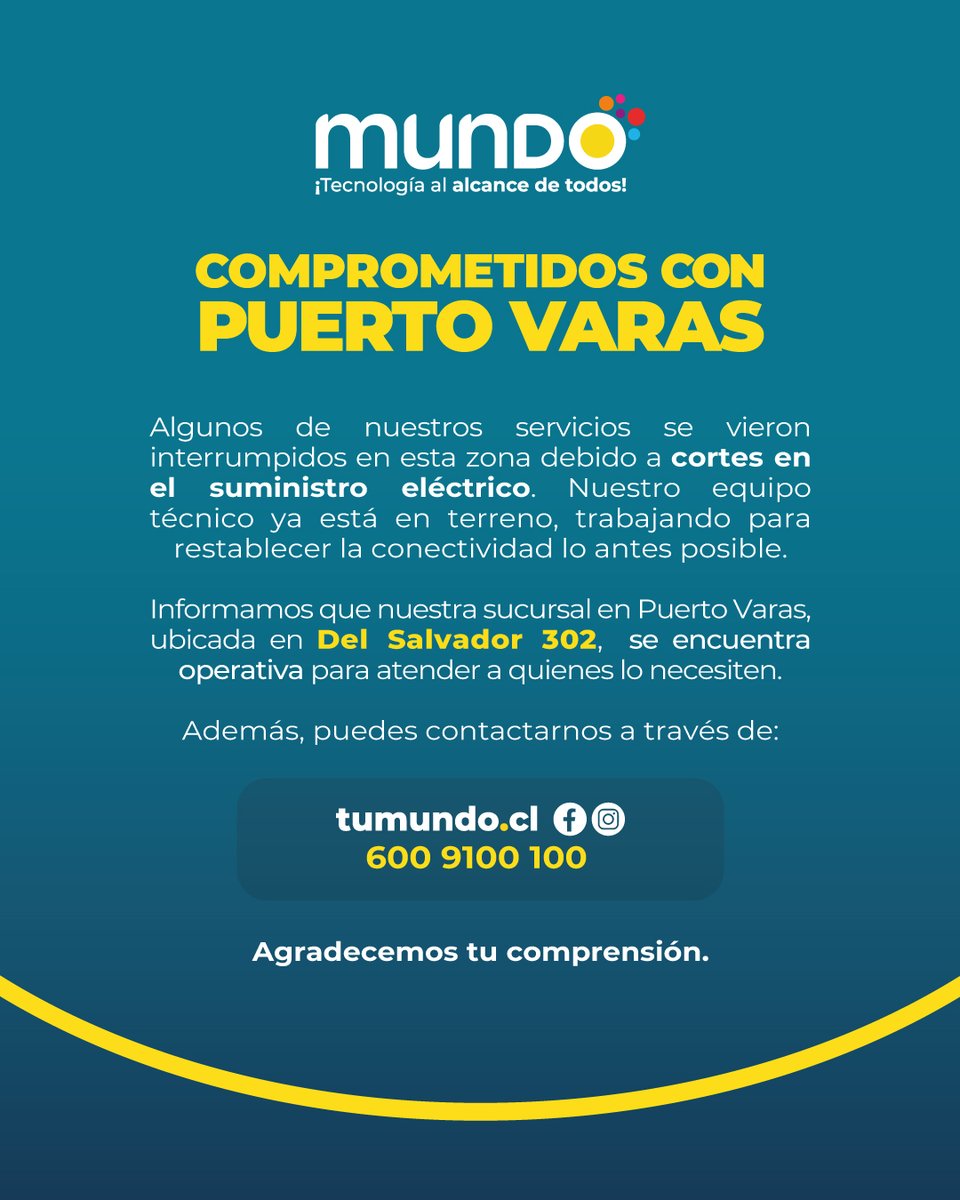 𝗖𝗼𝗺𝗽𝗿𝗼𝗺𝗲𝘁𝗶𝗱𝗼𝘀 𝗰𝗼𝗻 𝗣𝘂𝗲𝗿𝘁𝗼 𝗩𝗮𝗿𝗮𝘀

Algunos de nuestros servicios se vieron interrumpidos en esta zona debido a cortes en el suministro eléctrico. Nuestro equipo técnico ya está en terreno, trabajando para restablecer la conectividad lo antes posible.
