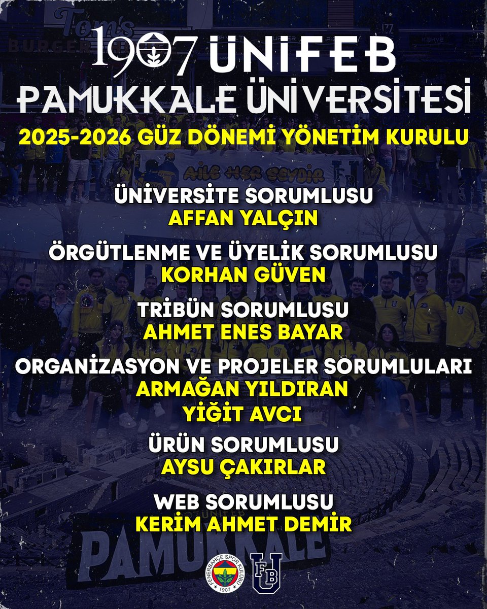 1907 ÜNİFEB Pamukkale Üniversitesi örgütlenmesi olarak 2025/2026 Güz Dönemi yönetim kurulumuz, yapılan toplantı sonucu belirlenmiştir.
