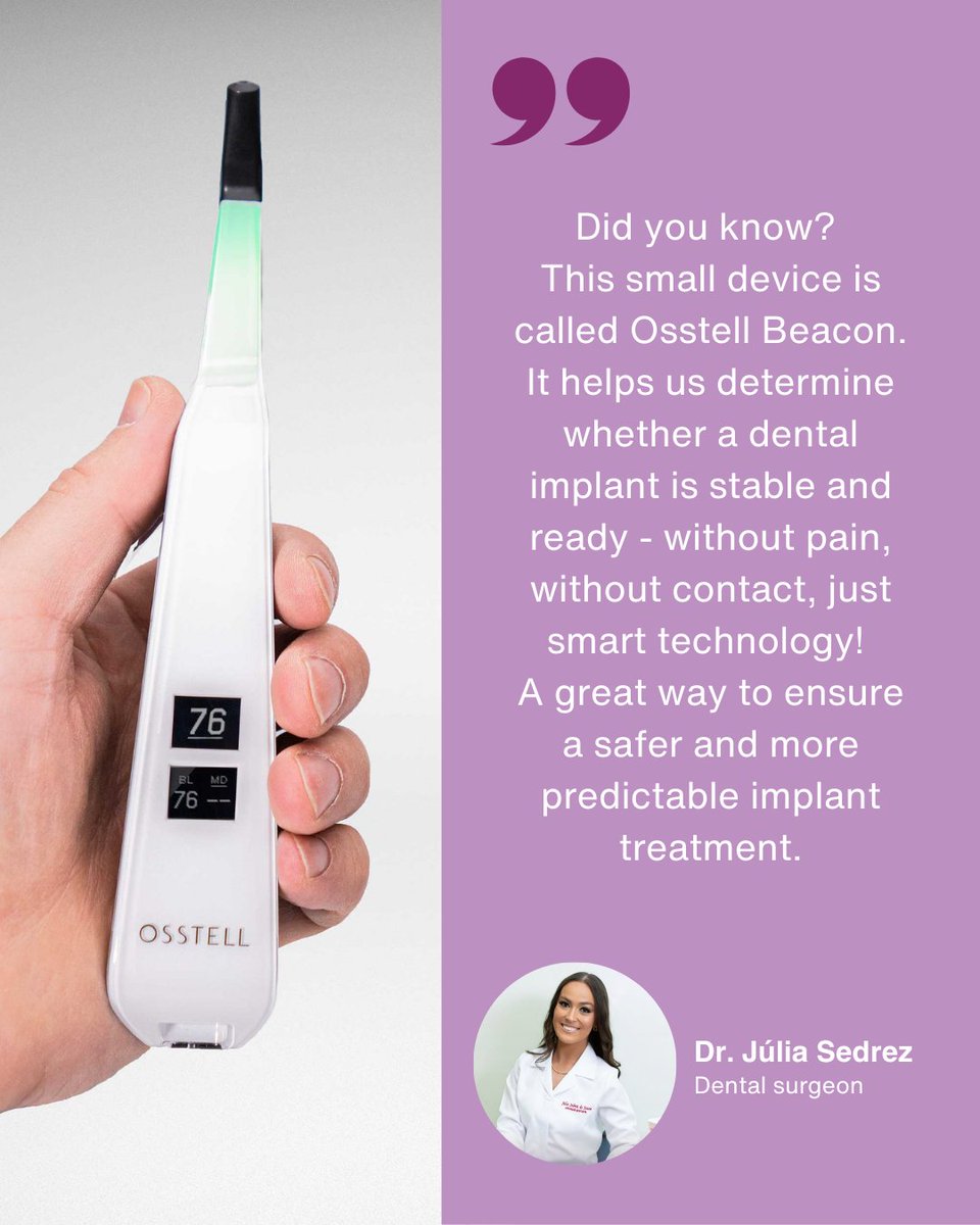 Osstell's tweet photo. “Did you know?” or “Você sabia?” 🇧🇷
We love how Dr. Júlia Sedrez explains the benefits of the Osstell Beacon. 
A smart, non-invasive way to ensure safer, more predictable implant treatments. Swipe to see the quote in Brazilian Portuguese. Thank you for sharing, Dr. Júlia Sedrez! https://t.co/hg1dj5PZ2N