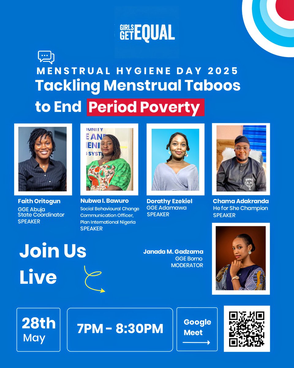 GGEBorno's tweet photo. Join us this Wednesday to mark the World Menstrual Hygiene Day with an insightful discussion with these incredible speakers who are making impact in diverse ways for women and girls. Click the link below to join the conversation for free.

https://t.co/qSB4GvaXlu

#girlsgetequal https://t.co/XakEATxkf3