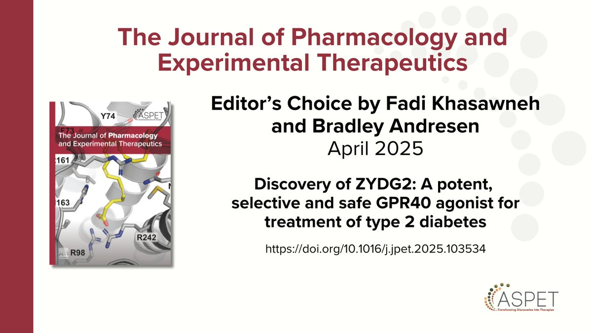 JPET (ASPET) (@jpet_journal) on Twitter photo A group from <a href="/ZydusUniverse/">Zydus Lifesciences Ltd.</a> identified a new/novel GPR40 agonist (ZYDG2) that lacks the toxicity seen in fasiglifam and effectively increases GLP-1 and insulin levels, thereby treating type 2 diabetes.
🔗 Read the article here: doi.org/10.1016/j.jpet… A group from <a href="/ZydusUniverse/">Zydus Lifesciences Ltd.</a> identified a new/novel GPR40 agonist (ZYDG2) that lacks the toxicity seen in fasiglifam and effectively increases GLP-1 and insulin levels, thereby treating type 2 diabetes.
🔗 Read the article here: doi.org/10.1016/j.jpet…