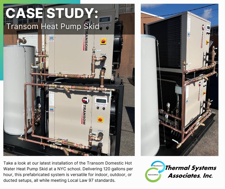 Excited to share our latest Transom DHW Heat Pump Skid install at a NYC school—delivering 120 GPH, LL97 compliant, and adaptable for indoor, outdoor, or ducted setups.

#transom #thermalsa #locallaw97 #heatpump #decarbonization #electrification