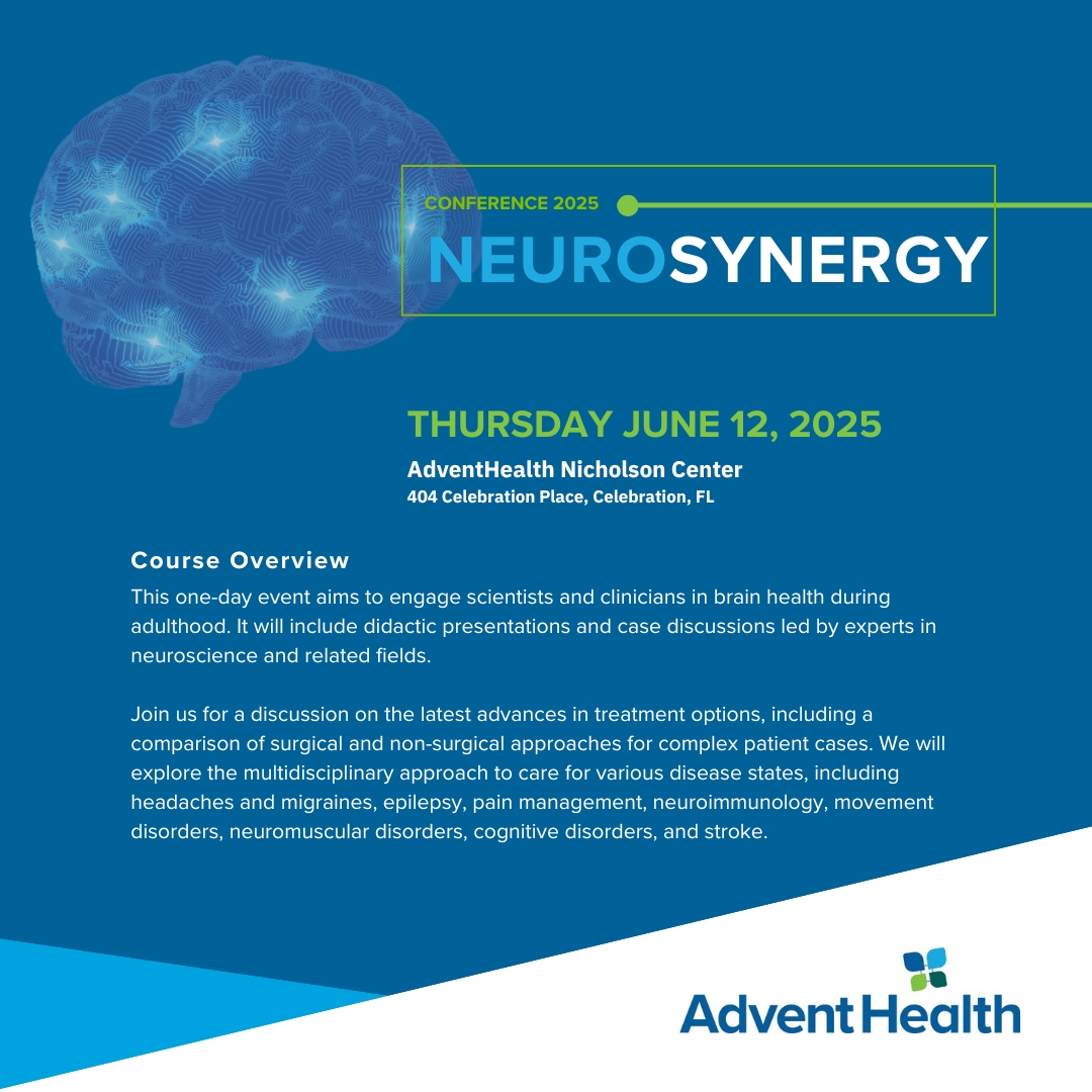 eMedEvents's tweet photo. 🧠AdventHealth Nicholson Center presents NeuroSynergy 2025! Join this FREE in-person event on June 12, 2025, in Celebration, FL!

Register now: https://t.co/hdv43ajWrO  

#Neurology #InPersonEvent #Florida #MedicalEducation #CME #eMedEvents https://t.co/PkLwk6vKD3