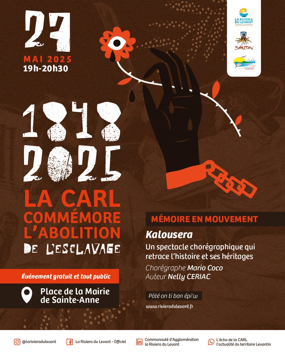 Fondation pour la mémoire de l'esclavage (@fondation_me) on Twitter photo Demain 27/05, c'est la journée d'abolition de l'esclavage en Guadeloupe. Une abolition venue 46 ans après l'écrasement de l'insurrection contre le rétablissement de l'esclavage par Bonaparte en 1802.
Soirée à la communauté d'agglo <a href="/RivieraDuLevant/">La Riviera du Levant</a> 👉 facebook.com/photo/?fbid=10… Demain 27/05, c'est la journée d'abolition de l'esclavage en Guadeloupe. Une abolition venue 46 ans après l'écrasement de l'insurrection contre le rétablissement de l'esclavage par Bonaparte en 1802.
Soirée à la communauté d'agglo <a href="/RivieraDuLevant/">La Riviera du Levant</a> 👉 facebook.com/photo/?fbid=10…