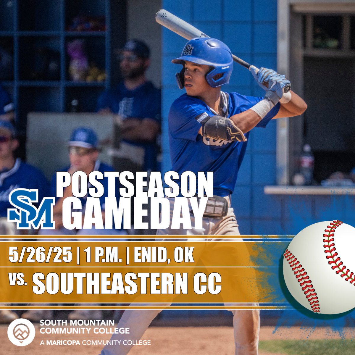 SMCC Athletics (@smcccougars) on Twitter photo POSTSEASON GAMEDAY! <a href="/SoMtnBaseball/">South Mountain Baseball</a> faces Southeastern CC (IA) in an elimination game at the <a href="/NJCAABaseball/">NJCAA Baseball</a> DII World Series at 1 pm CT / 11 am AZ!
Links for live stats and the <a href="/NJCAANetwork/">NJCAA Network</a> live stream are on SMCCCougars.com 🐾⚾️ #TGHT POSTSEASON GAMEDAY! <a href="/SoMtnBaseball/">South Mountain Baseball</a> faces Southeastern CC (IA) in an elimination game at the <a href="/NJCAABaseball/">NJCAA Baseball</a> DII World Series at 1 pm CT / 11 am AZ!
Links for live stats and the <a href="/NJCAANetwork/">NJCAA Network</a> live stream are on SMCCCougars.com 🐾⚾️ #TGHT