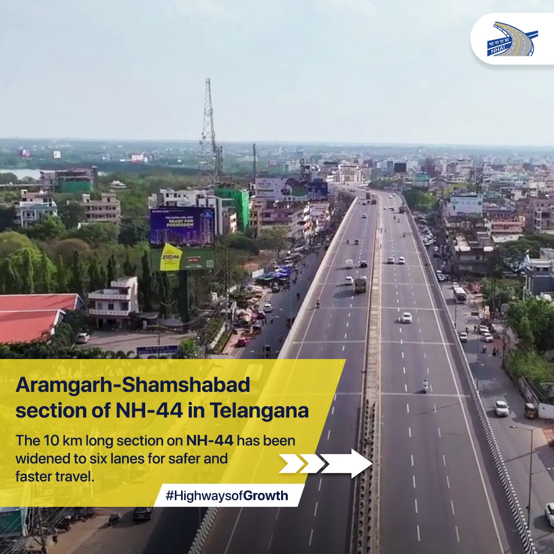 NHAI_Official's tweet photo. The 6-laning of 10 km long Aramgarh-Shamshabad stretch is part of Bengaluru-Hyderabad section of NH-44 in Telangana. The section enables seamless movement of logistics between #Telangana &amp; nearby states, while promoting economic activities in the region. #NHAI #BuildingANation https://t.co/RRkkLtJaZ3