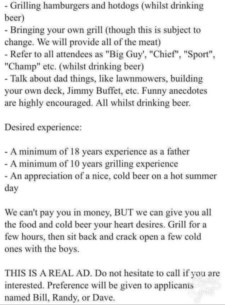 With the start of grilling season, here’s a throwback to the greatest Craigslist ad ever: “Generic father figure needed for BBQ”.