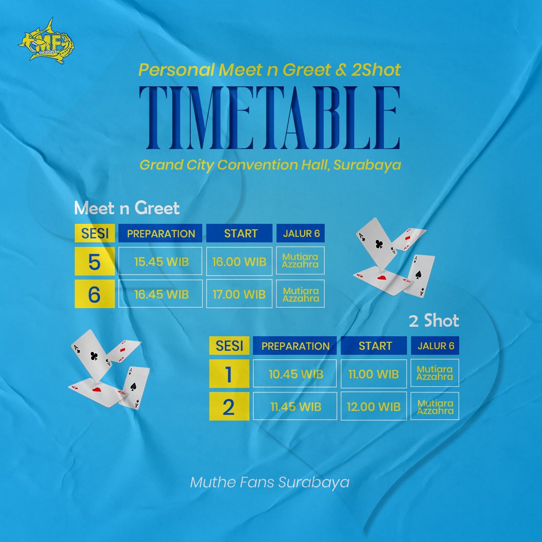 Berikut adalah timetable meet n greet dan 2shot bersama Muthe di Surabaya

Jangan lupa 12 Juli kita bertemu dan ngobrol bersama Muthe ya rek, see you 👋🏻👋🏻

#muthejkt48 #mutiaraazzahra #mutiaraazzahraumandana #jkt48fans #JKT48
