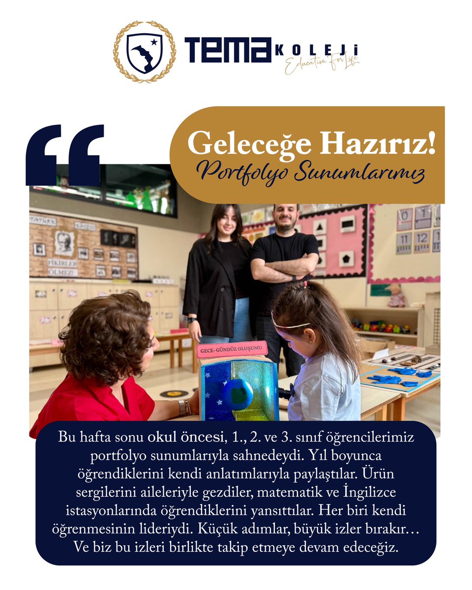 Geleceğe Hazırız! Bu hafta sonu okul öncesi, 1., 2. ve 3. sınıf öğrencilerimiz portfolyo sunumlarıyla sahnedeydi. Yıl boyunca öğrendiklerini kendi anlatımlarıyla paylaştılar. Ürün sergilerini aileleriyle gezdiler, matematik ve İngilizce istasyonlarında öğrendiklerini yansıttılar.