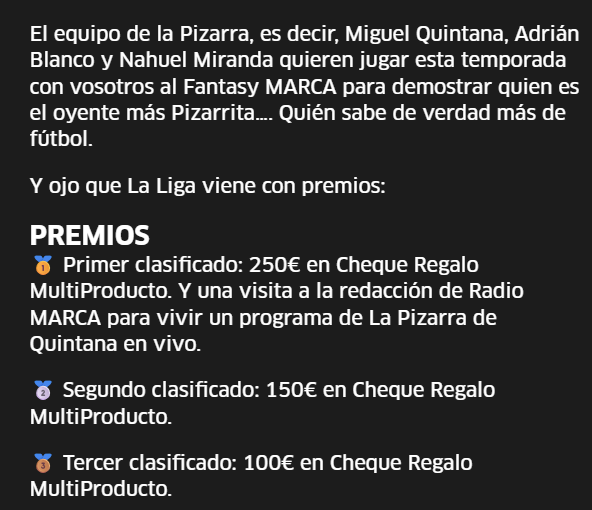 Movistar Fantasy MARCA (@fantasymarca) on Twitter photo La liga oficial con más participantes del #MovistarFantasyMARCA <a href="/franglez95/">Fran González</a> <a href="/migquintana/">Miguel Quintana</a> <a href="/nahuelmirandada/">Nahuel Miranda</a> <a href="/AdrianBlanco_/">Adrián Blanco</a> <a href="/RadioMARCA/">Radio MARCA</a> 👨🏫🔝
¡Enhorabuena a los ganadores! #PizarraQuintana ⚽️ La liga oficial con más participantes del #MovistarFantasyMARCA <a href="/franglez95/">Fran González</a> <a href="/migquintana/">Miguel Quintana</a> <a href="/nahuelmirandada/">Nahuel Miranda</a> <a href="/AdrianBlanco_/">Adrián Blanco</a> <a href="/RadioMARCA/">Radio MARCA</a> 👨🏫🔝
¡Enhorabuena a los ganadores! #PizarraQuintana ⚽️