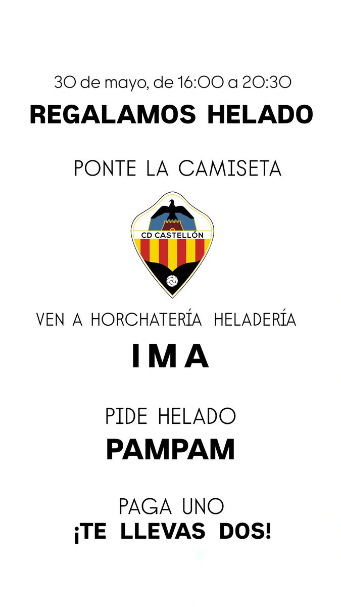 inmaorxa's tweet photo. PAM PAM, el gelat del @CDCastellon a #GelateriaMA
Divendres 30 de maig, posat la samarreta del #CDCastelló i vine a celebrar la permanència a IMA. 
Endus-te 2 gelats de PamPam i paga'n nomes un!

#PPO
#SomArteSanes https://t.co/BwU6n7rdWn