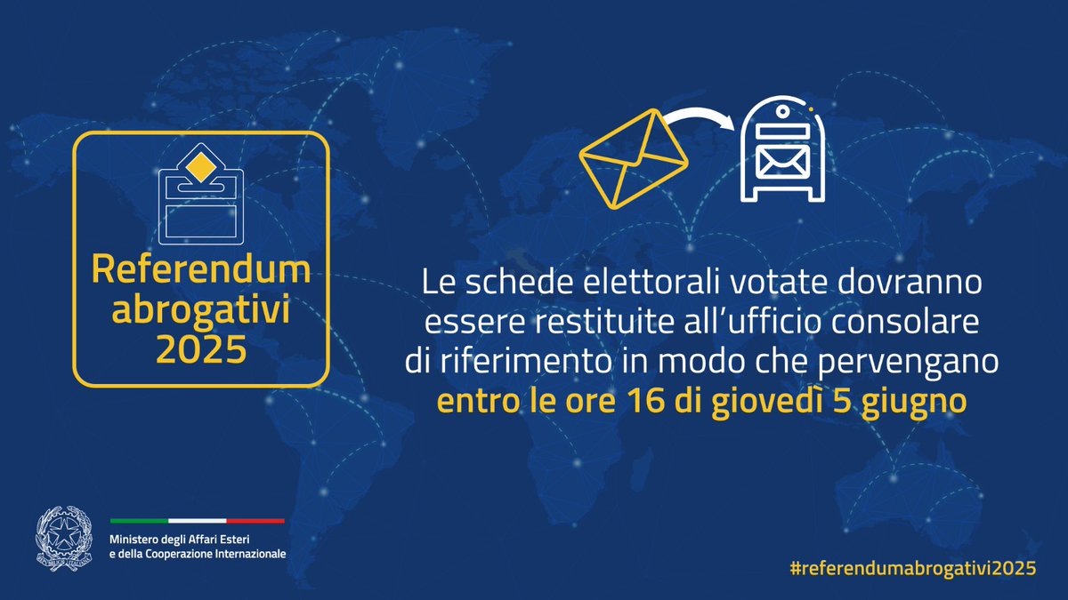 📷 #Referendumabrogativi2025

La busta contenente le schede elettorali dovrà pervenire al Consolato entro le ore 16 di giovedì 5 giugno. 

🗳️Nel foglio illustrativo troverai tutte le indicazioni per votare e restituire le schede.

Maggiori info 👉 shorturl.at/lfgOl