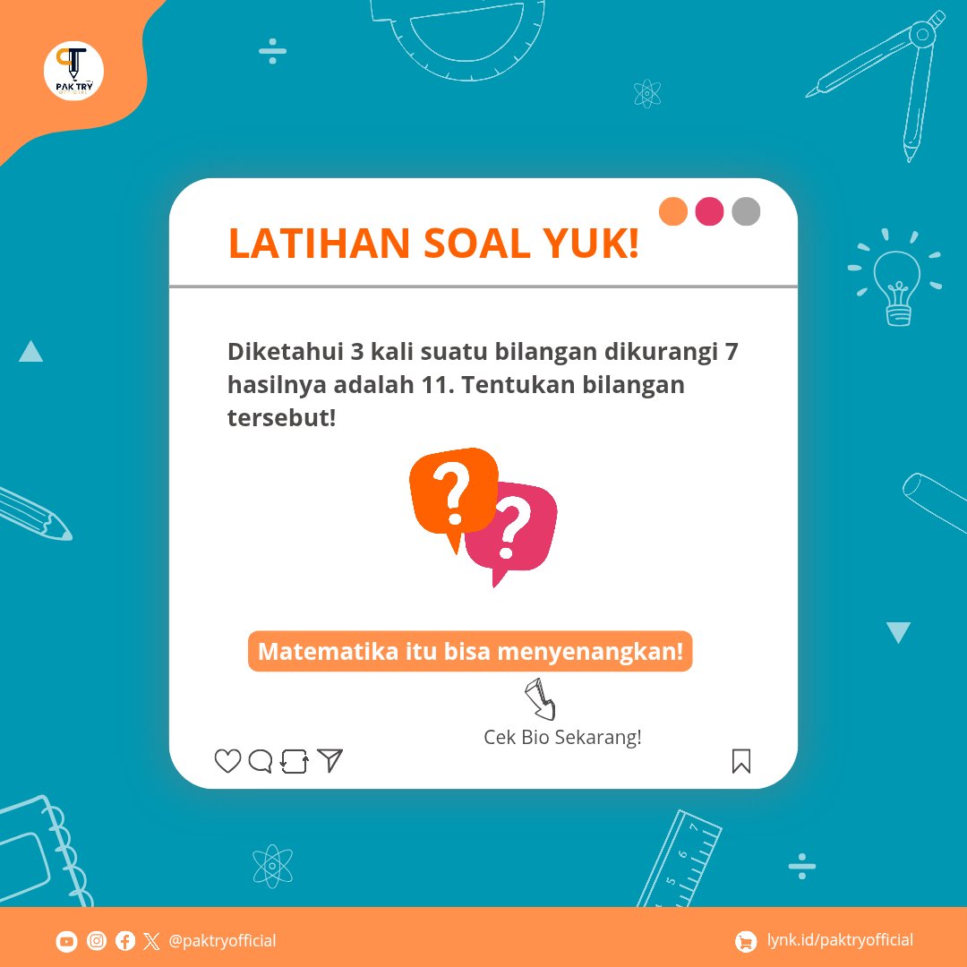 Paktryofficial's tweet photo. Persamaan Linear Satu Variabel (PLSV)

Salah satu materi matematika kelas 7 SMP.
Yuk, belajar kembali tentang Persamaan Linear Satu Variabel ☺️

#matematika #soalmatematika https://t.co/ouLuSIfaAC