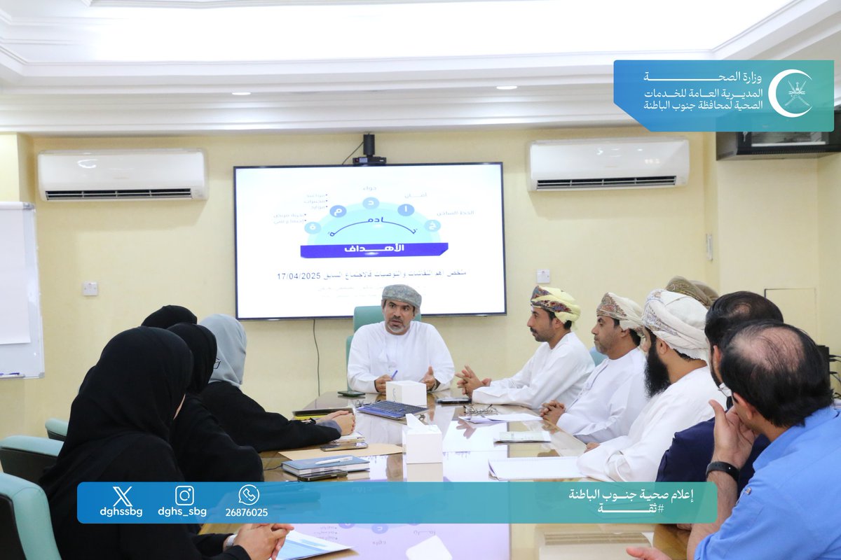 تواصل #صحية_جنوب_الباطنة جهودها لتحسين جودة الرعاية بقيادة الدكتور / ناصر بن عبدالله الشكيلي المديرالعام ، حيث ترأس الإجتماع الشهري لـ "خادمة الأهداف" لمناقشة مستجدات مركز الاتصال ، وملاحظات المراجعين ، والحوادث الواردة في نظام أمان .
 كما تم استعراض سير العمل في مواعيد العيادات