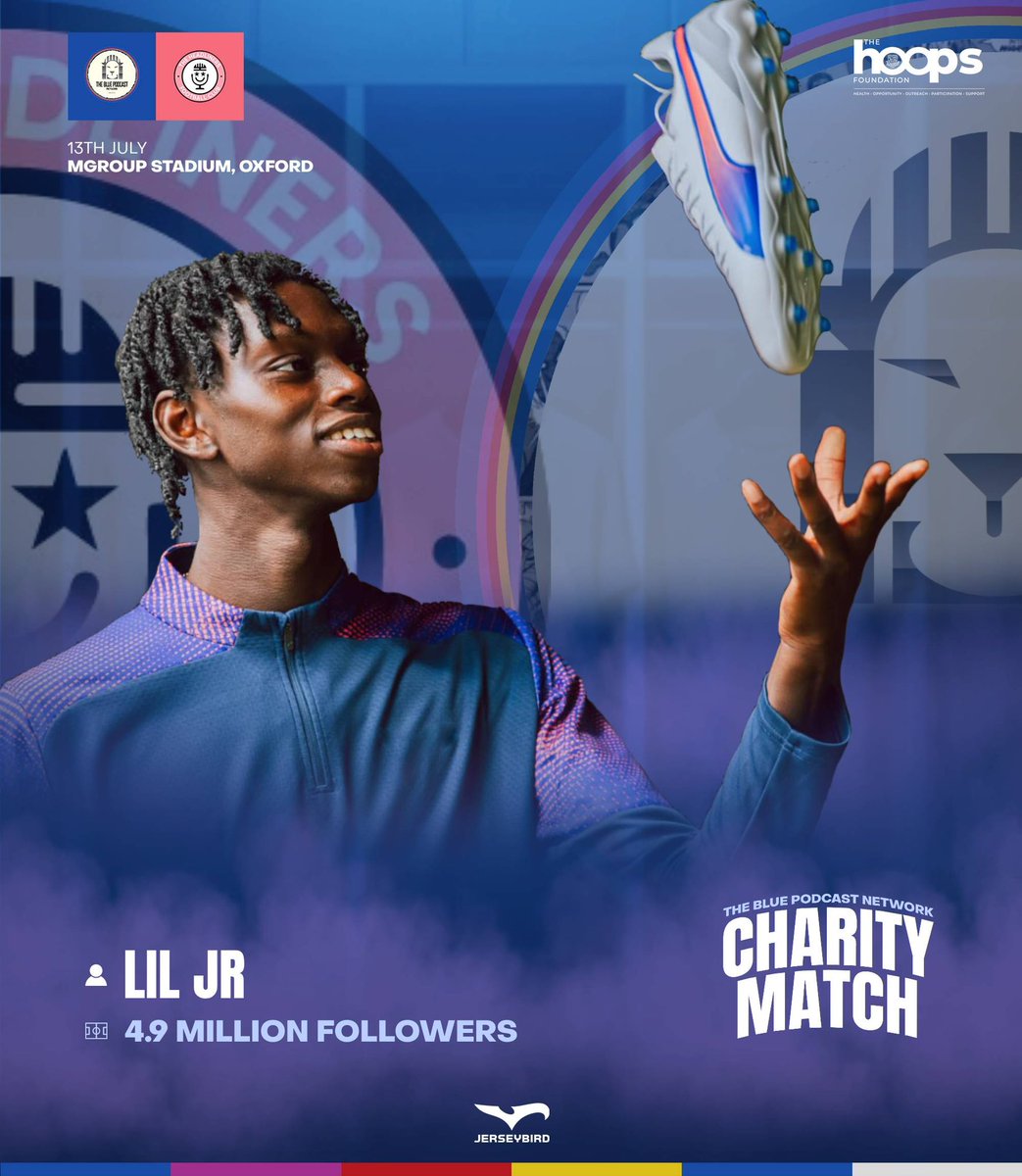 🚨 DOUBLE PLAYER DROP (1/2) 🚨

Lil Jr is officially playing in the #TBPNCharityMatch2025! 🧢⚽

Catch him July 13 at MGroup Stadium 🎟️ £5 tickets below👇 

Part 2 coming soon… 👀 

#FootballForACause #TBPN #LilJr #DoubleDrop

<a href="/LilJr_ltd/">Lil Jr</a>