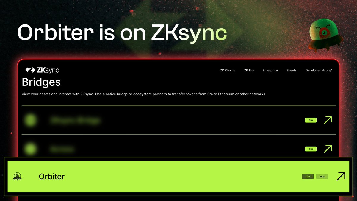 Orbiter Finance 🛸 (@orbiter_finance) on Twitter photo Orbiter is live on the official <a href="/zksync/">ZKsync (∎, ∆)</a> bridge site.
Transfer $ETH, $USDC, $USDT, $BTC from other networks to ZKsync Era and ZKsync Lite with ease.
🌉 Try it now on Orbiter: zksync.io/era#bridges Orbiter is live on the official <a href="/zksync/">ZKsync (∎, ∆)</a> bridge site.
Transfer $ETH, $USDC, $USDT, $BTC from other networks to ZKsync Era and ZKsync Lite with ease.
🌉 Try it now on Orbiter: zksync.io/era#bridges