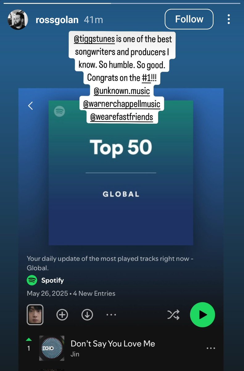 Ross Golan, an American songwriter and record producer, on instagram. 

CONGRATULATIONS JIN 
#DSYLMNo1Spotify 
#JinNo1Spotify