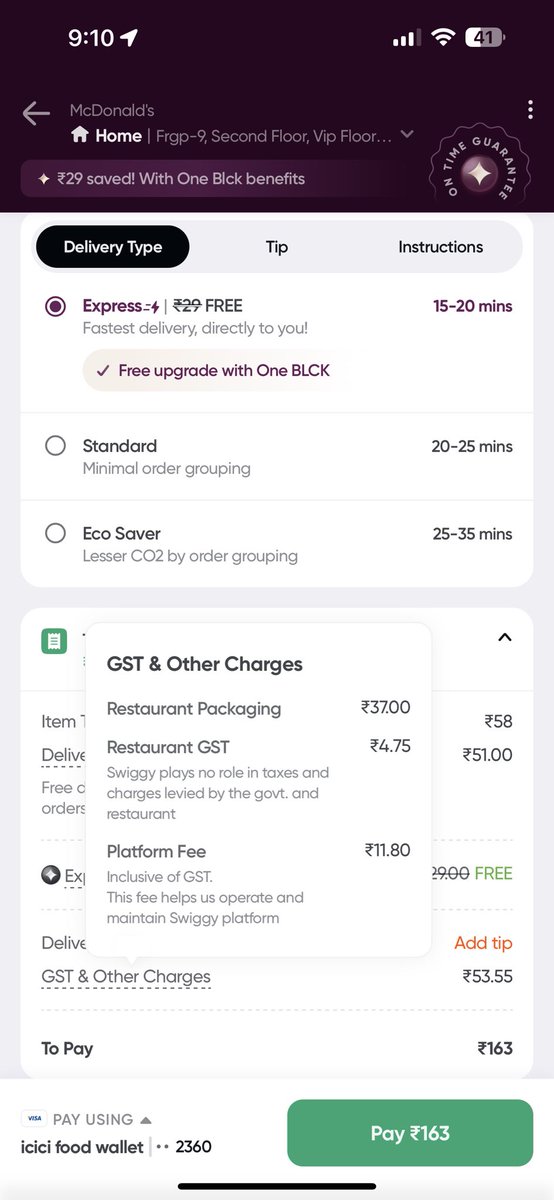 avenger9147's tweet photo. @mcdonaldsindia @Swiggy @zomato @fooddeptgoi @timesofindia @htTweets @jagograhakjago that’s how 58 rupee burger costs 163, what’s is annoying platform fee and then packaging charges when I am already paying delivery charges and taxes https://t.co/IDHh5LsBRq