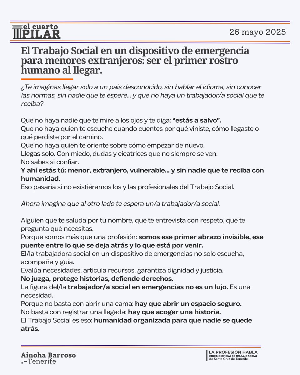 ✍️"El Trabajo Social en un dispositivo de emergencia para menores extranjeros: ser el primer rostro humano al llegar"

ℹ️ colegiotstenerife.org/noticia/el-cua…

.- Por Ainoha Barroso
🏛️ | 𝐄𝐋 𝐂𝐔𝐀𝐑𝐓𝐎 𝐏𝐈𝐋𝐀𝐑